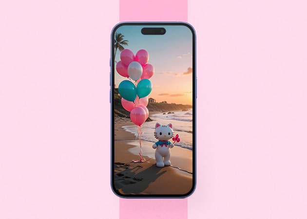 Hello Kitty holding balloons wallpaper iPhone mockup.